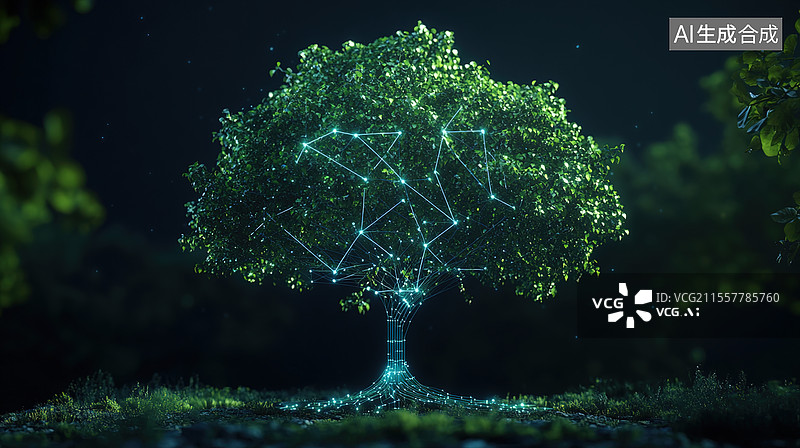 【AI数字艺术】数据根系的生命之源，科技之树的未来之光图片素材