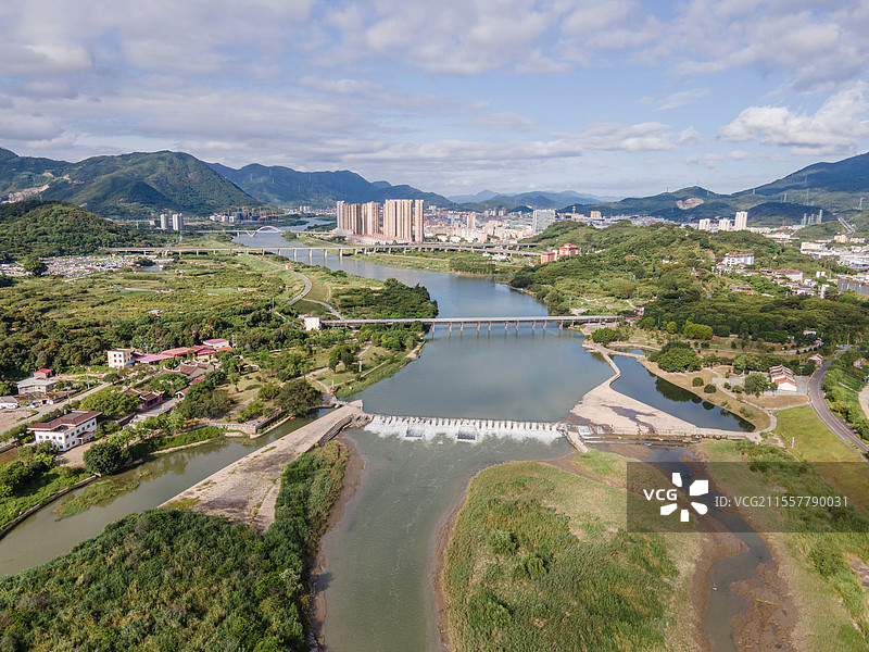 莆田木兰溪两岸的宜居生态与城市建筑的航拍图片素材