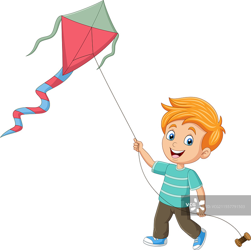 卡通小男孩在放风筝图片素材