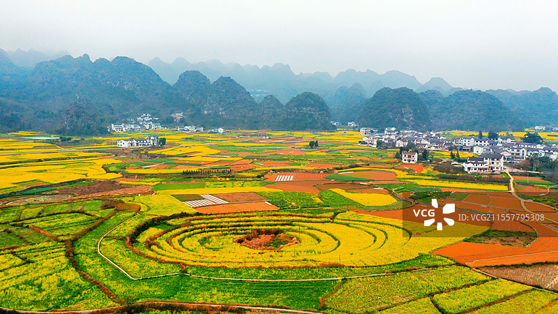 山水间的油菜花田：黔西南州万峰林图片素材