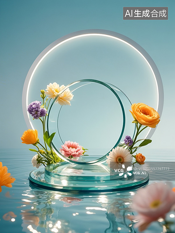 【AI数字艺术】水中被鲜花围绕的玻璃展台图片素材