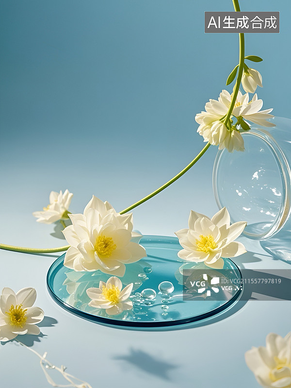 【AI数字艺术】水中被鲜花围绕的玻璃展台图片素材