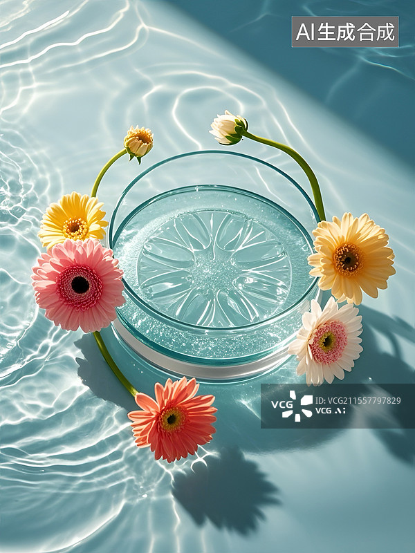 【AI数字艺术】水中被鲜花围绕的玻璃展台图片素材