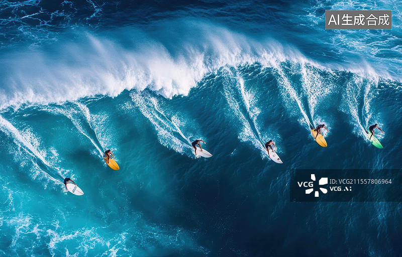 【AI数字艺术】一群冲浪者在海浪上冲浪的场景。画面中有多个冲浪者，他们穿着不同颜色的泳装，手持彩色冲浪板.图片素材
