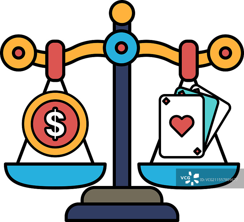 一边有美元符号的天平和一副牌图片素材