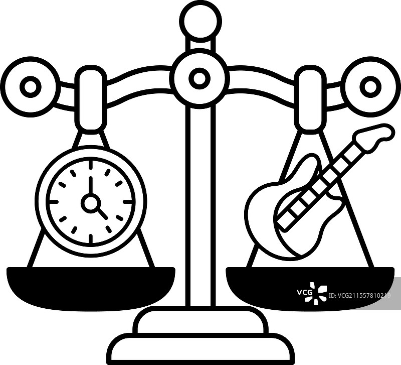一个秤上放着一个时钟和一把吉他图片素材