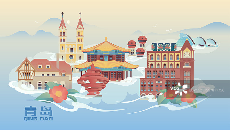 青岛建筑风景插画图片素材