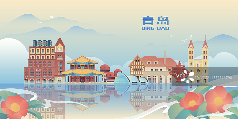 青岛天际线建筑插画图片素材