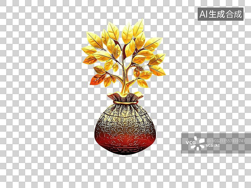 【AI数字艺术】代表财富的紧钱袋子和发财树图片素材