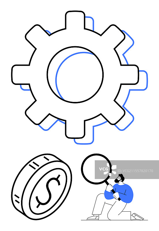 带有放大镜和美元的齿轮机制图片素材