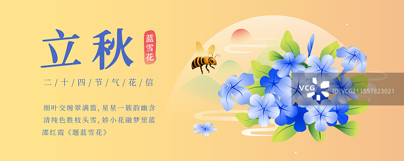 新中式二十四节气立秋花信风之蓝雪花矢量插画海报图片素材