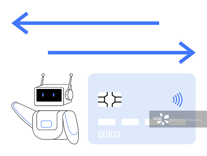 持信用卡的人工智能机器人与箭头表示的内容图片素材