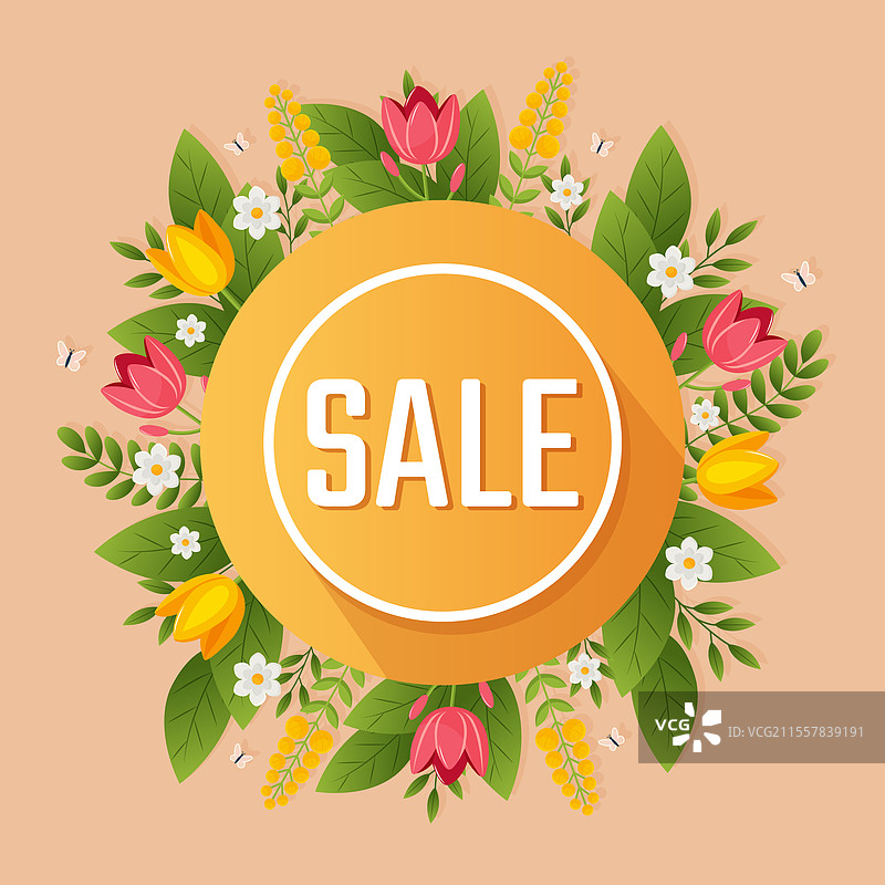 春季促销标志，配有花朵和蝴蝶图片素材