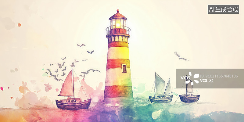 【AI数字艺术】灯塔船只海鸥水彩画风格背景海报插画图片素材