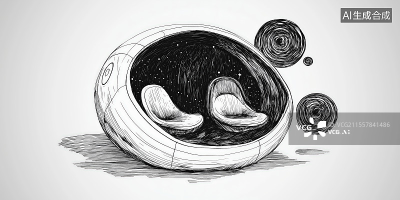 【AI数字艺术】太空舱内景素描风格创意插画未来太空生活场景图片素材