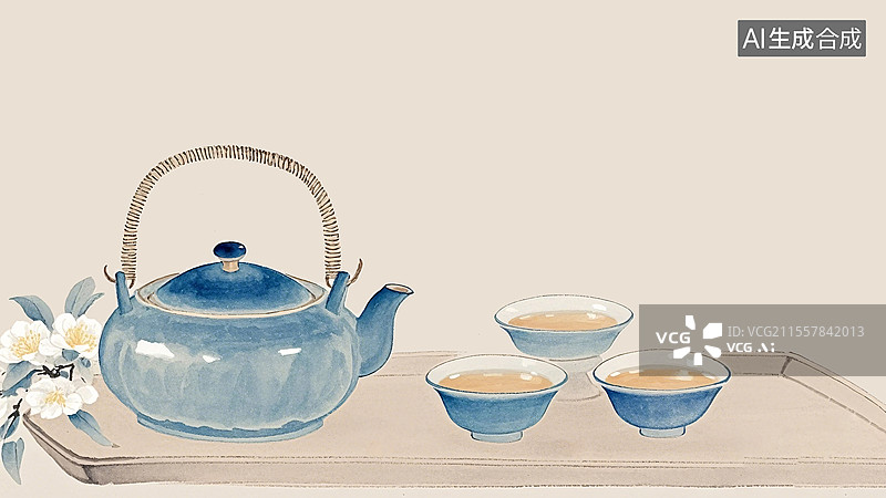 【AI数字艺术】水墨画茶具静物插画背景居下图片素材