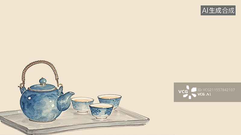 【AI数字艺术】水墨画茶具静物插画背景左下图片素材