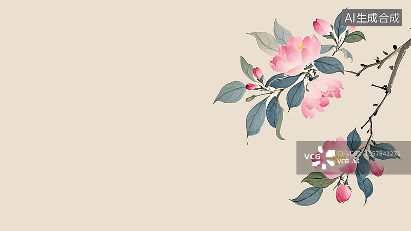 【AI数字艺术】水墨画海棠花插画背景居右图片素材
