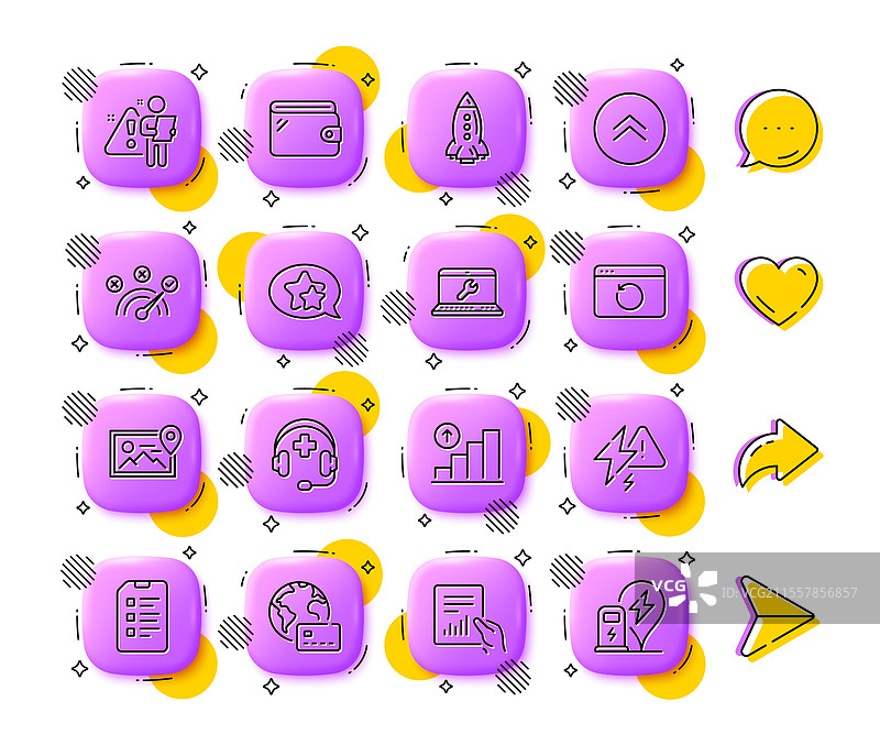 笔记本电脑维修、火箭和钱包的线条图标图片素材