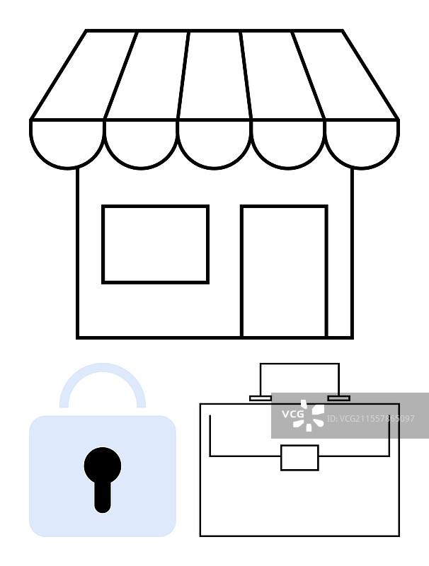 小商店门面，旁边有公文包和挂锁图片素材