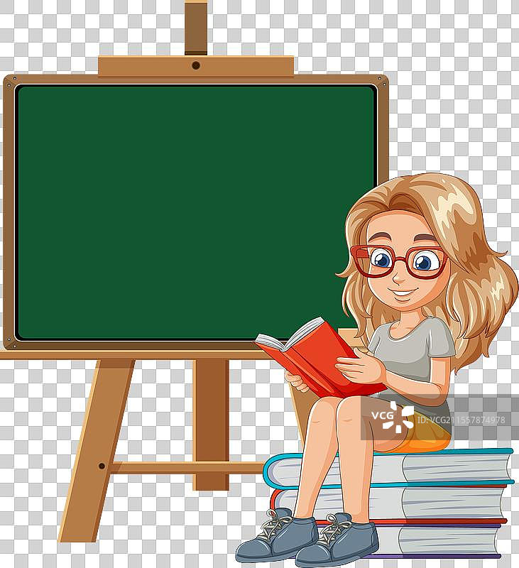 卡通女孩在空白黑板旁阅读书籍图片素材