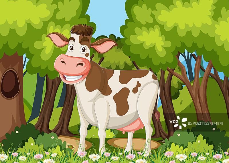 一头快乐的牛站在绿树之间图片素材