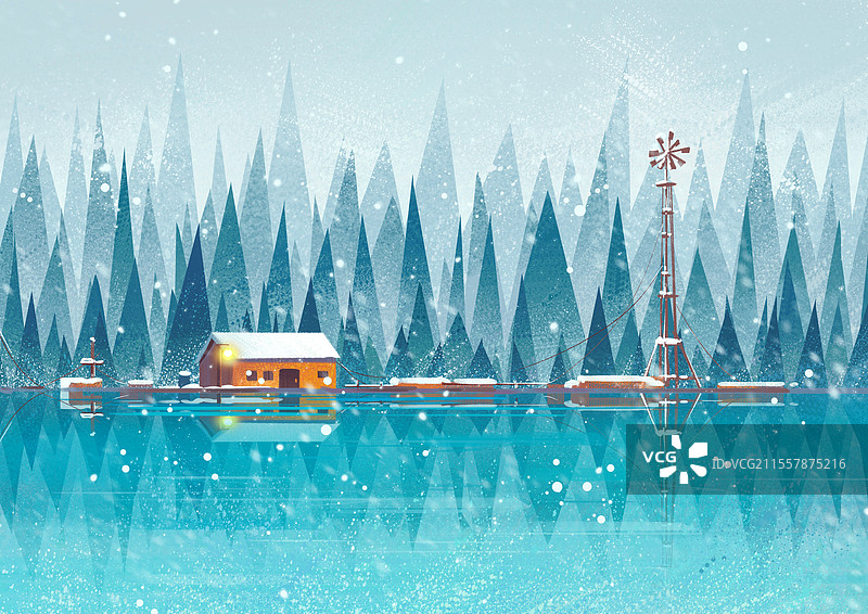 雪中湖边的小房子图片素材
