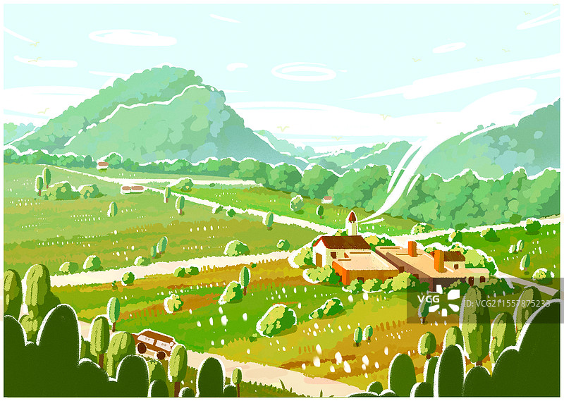 田园草地上的炊烟图片素材