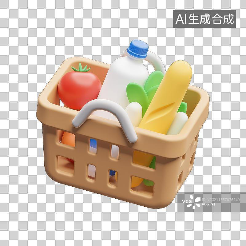 【AI数字艺术】满载而归的购物篮，3D菜篮子购物篮图标图片素材