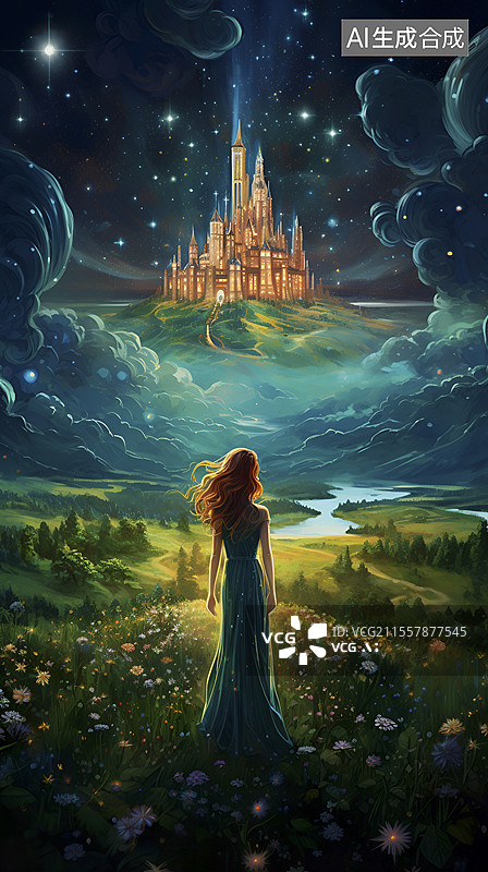 【AI数字艺术】少女遥望梦幻星空下的城堡图片素材