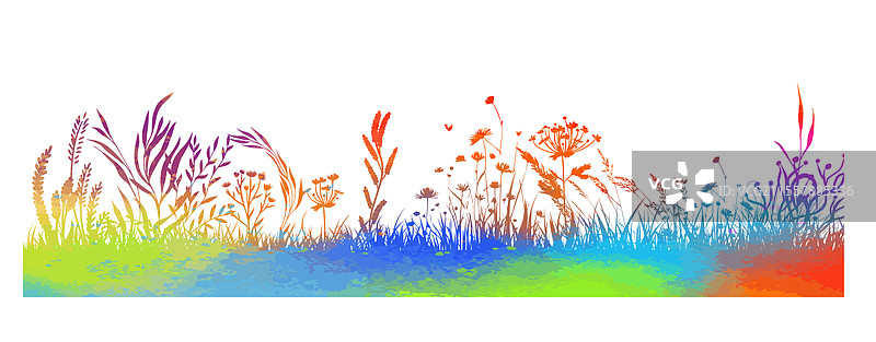 彩色草丛剪影，横向延伸图片素材