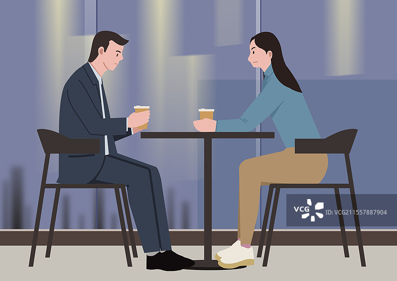 浪漫情侣温馨爱情约会户外咖啡馆职场职业男生女士谈话聊天见面讨论话题资讯坐姿侧面卡通插画图片素材