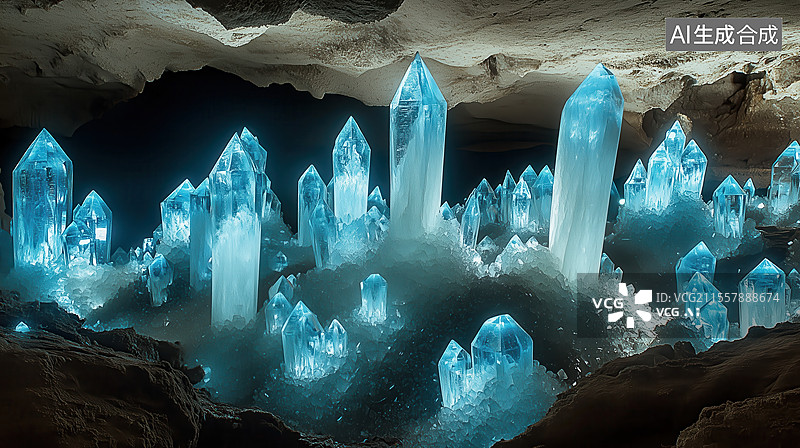【AI数字艺术】梦幻般蓝色水晶洞穴图片素材