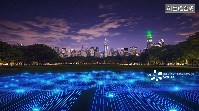 【AI数字艺术】夜景都市与科技网络交织图片素材