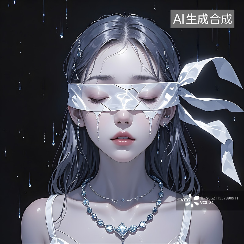 【AI数字艺术】一个年轻女人，闭眼，白色布条盖在眼睛上面，很强的破碎感图片素材