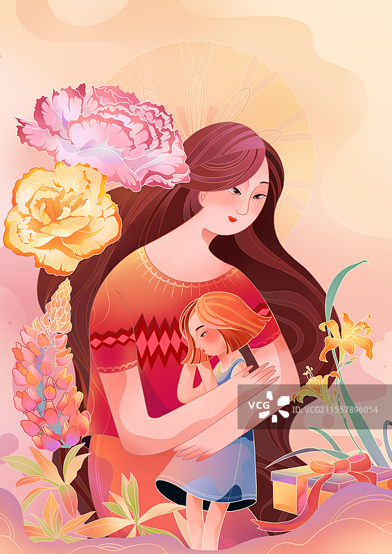 母亲节妈码和孩子在一起庆祝的插画图片素材