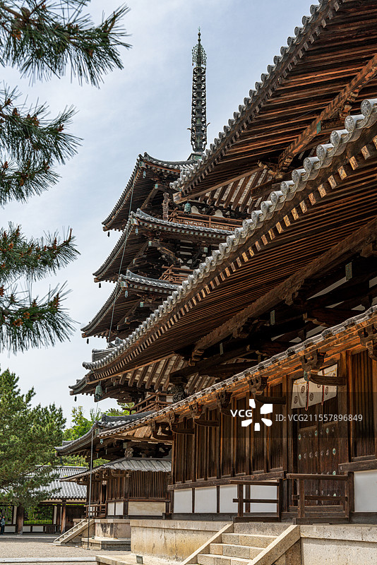 日本奈良斑鸠町世界文化遗产飞鸟时代著名佛教木构寺庙法隆寺侧视金堂和五重塔风光图片素材