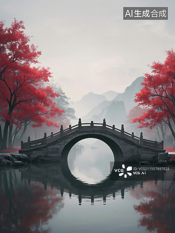 【AI数字艺术】秋日红枫古桥倒影图片素材
