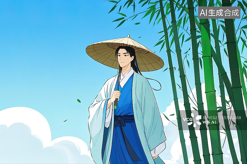 【AI数字艺术】竹林里戴帽子的年轻男人图片素材