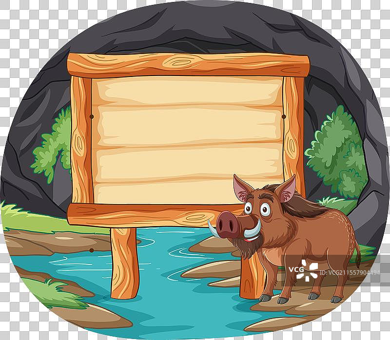 卡通野猪站在一个空白的标牌旁边图片素材