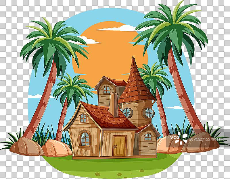卡通风格的房子被棕榈树环绕图片素材