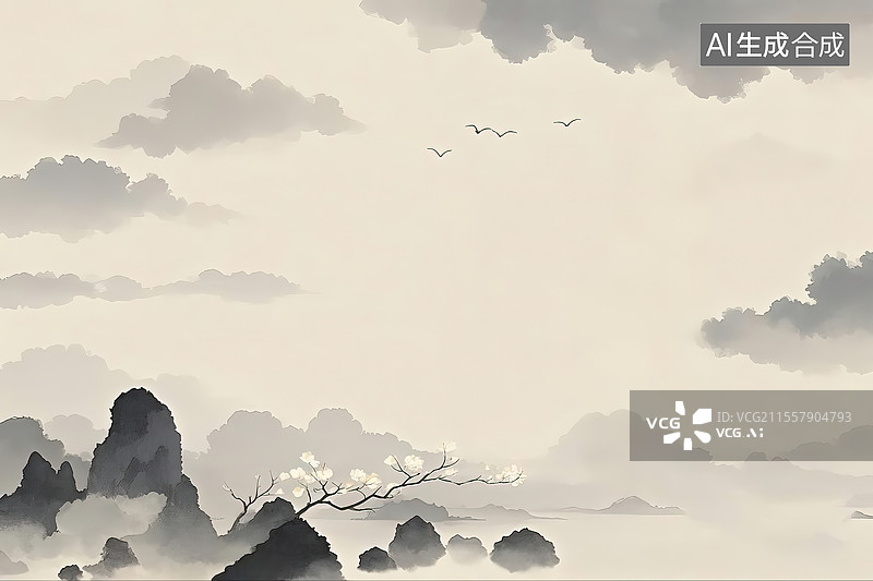 【AI数字艺术】水墨风格的空白山水背景图图片素材