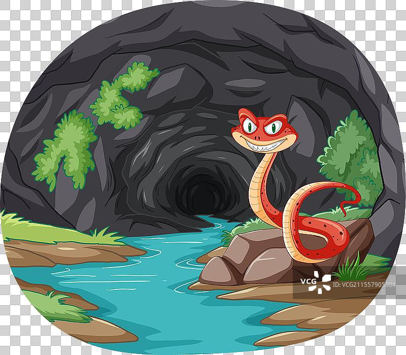 微笑的卡通蛇在黑暗的洞口前图片素材