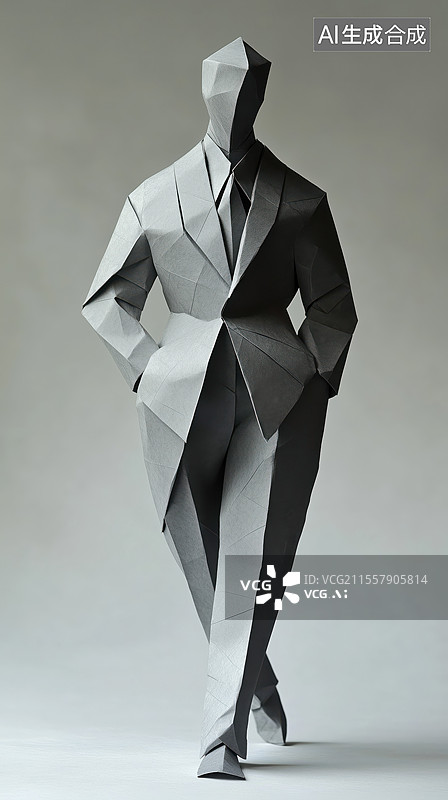 【AI数字艺术】、中国风国潮银灰色西装的时装男模特3D立体折纸图片素材