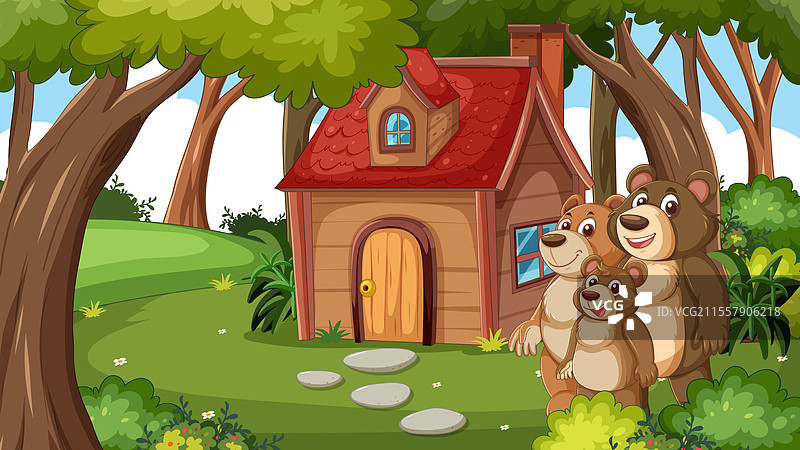 三只卡通熊在森林附近微笑图片素材