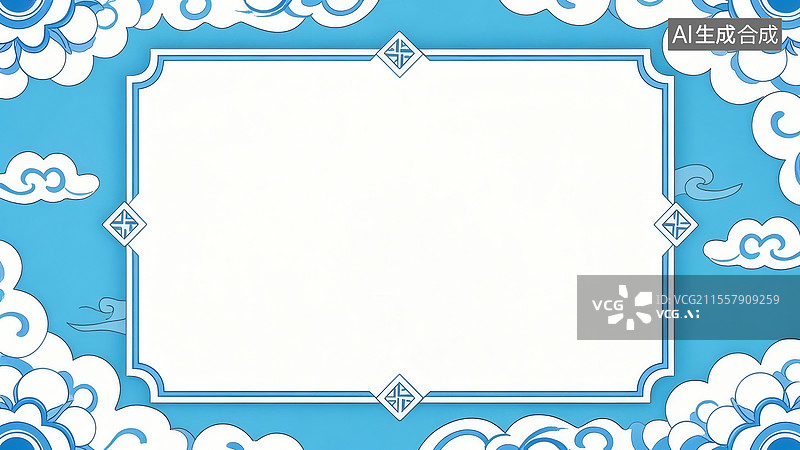 【AI数字艺术】蓝天白云传统边框2D卡通环绕图片素材