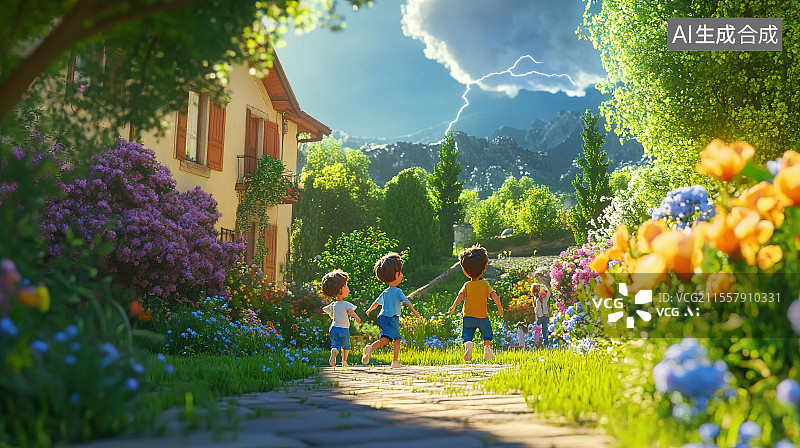 【AI数字艺术】二十四节气系列插画之惊蛰节气花园中玩耍的儿童图片素材