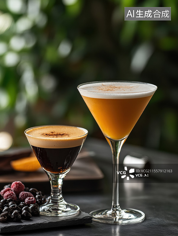 【AI数字艺术】不同的饮品。左侧是一杯带有丰富泡沫的啤酒，右侧是一杯顶部撒有可可粉的咖啡。背景中有热带植物的叶子图片素材