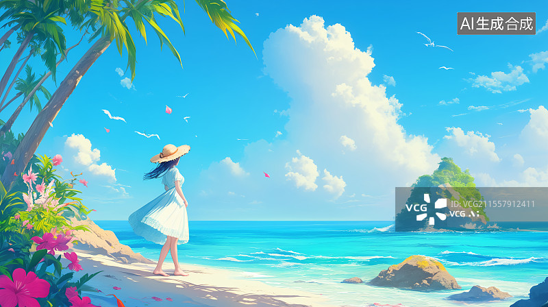 【AI数字艺术】小女孩张开双臂立于沙滩，海浪轻拂裙摆，童真笑容融于海风，尽显无忧童年的海滨乐趣。图片素材