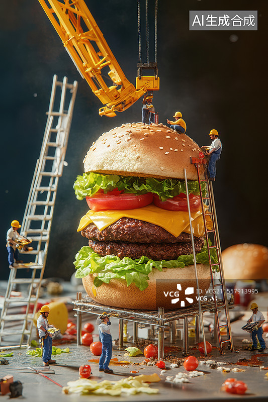 【AI数字艺术】一个充满创意的场景，一群迷你工人正在用起重机和梯子组装一个巨大的汉堡。图片素材